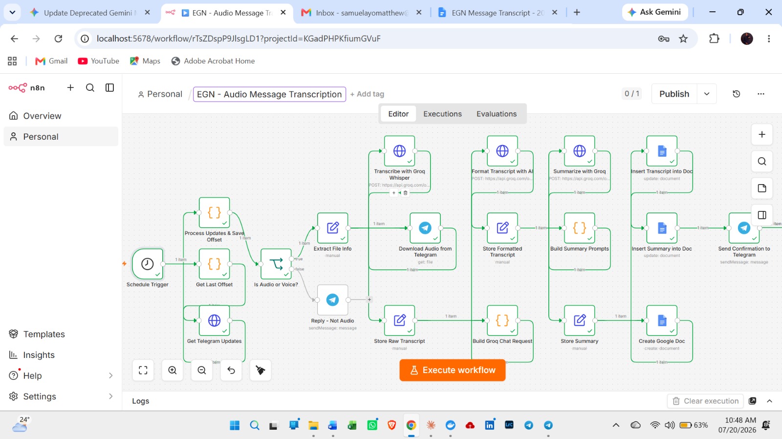 This n8n automation workflow, titled "EGN - Audio Message Transcription", provides a complete, hands-free system for processing, transcribing, summarizing, and archiving audio content received…